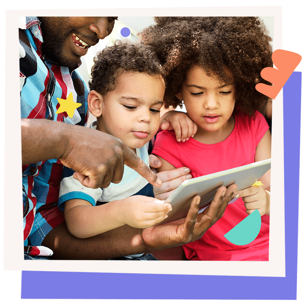 Family Learning Together – Two children and an adult exploring a tablet screen together.