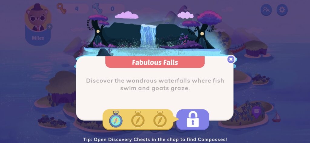 A mystical waterfall setting with glowing purple trees and a description of magical wildlife.