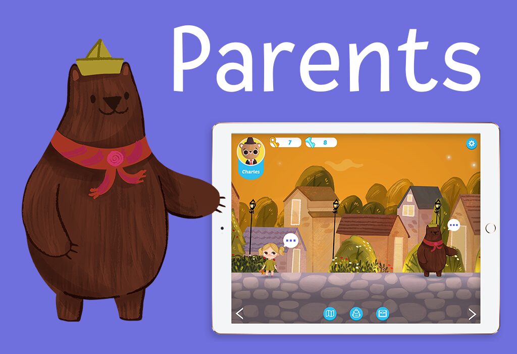 Bear Holding Tablet – Cartoon bear beside a tablet displaying a game scene with the title “Parents.”
