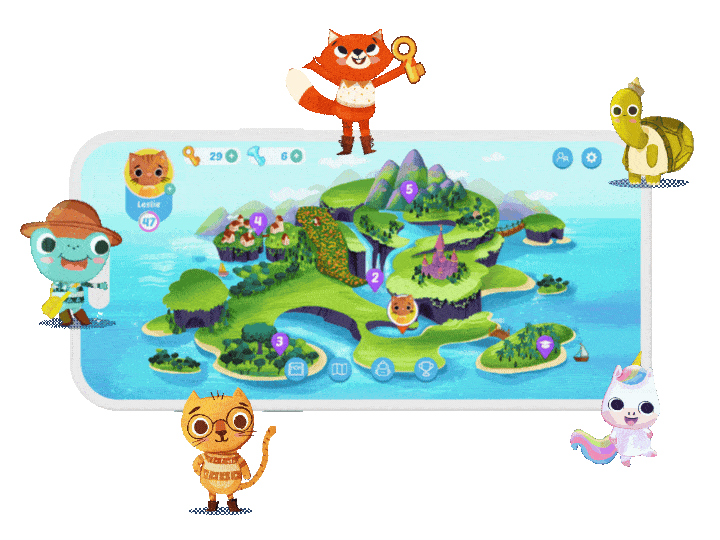 Cartoon characters surround a mobile screen displaying a colorful island adventure map.
