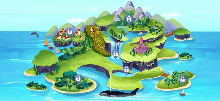 A colorful island map with numbered locations and diverse terrains like forests, mountains, and ocean areas.