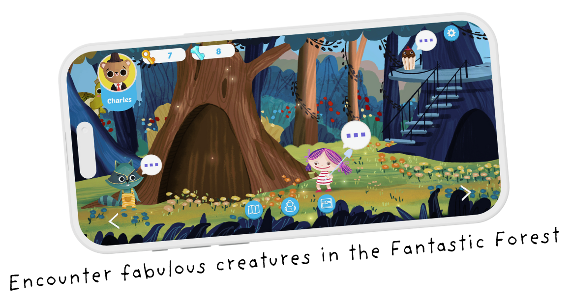 A forest with friendly creatures and a girl character exploring a giant tree and treehouse.