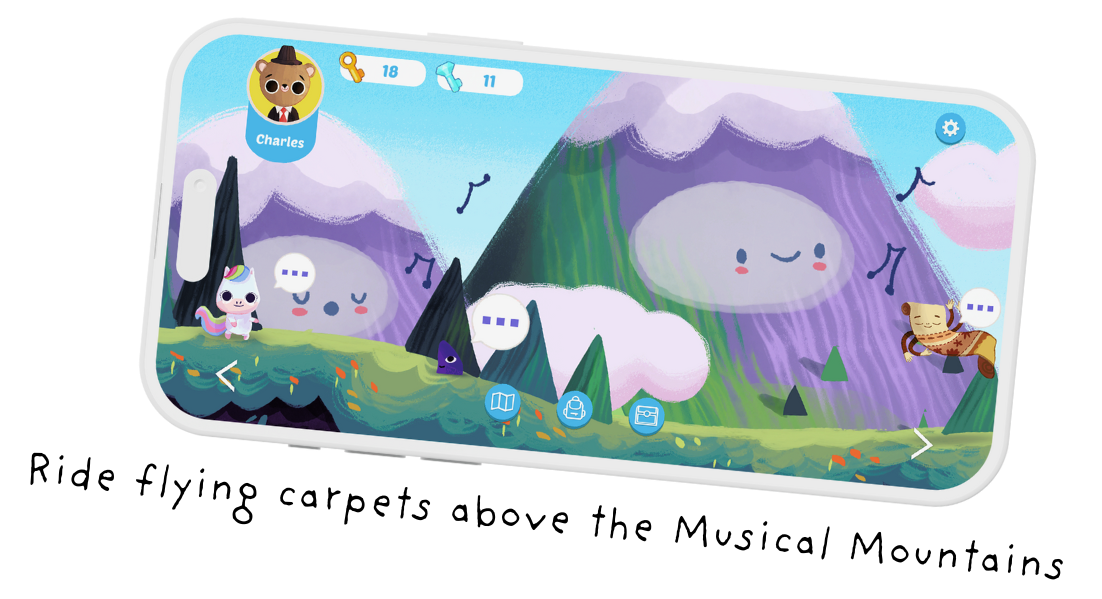 A whimsical mountain landscape with musical notes and floating characters including a flying carpet.