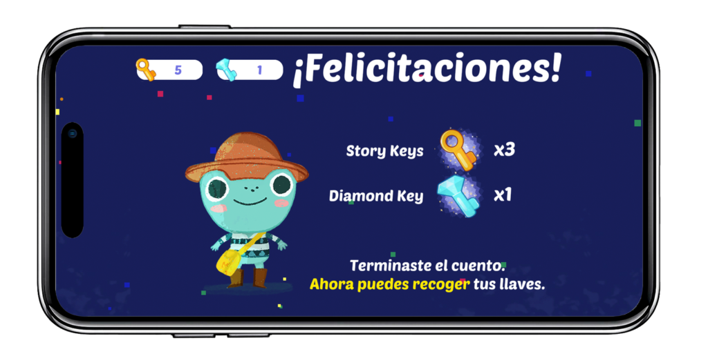 A mobile screen showing a reward message with a cartoon character and colorful keys.