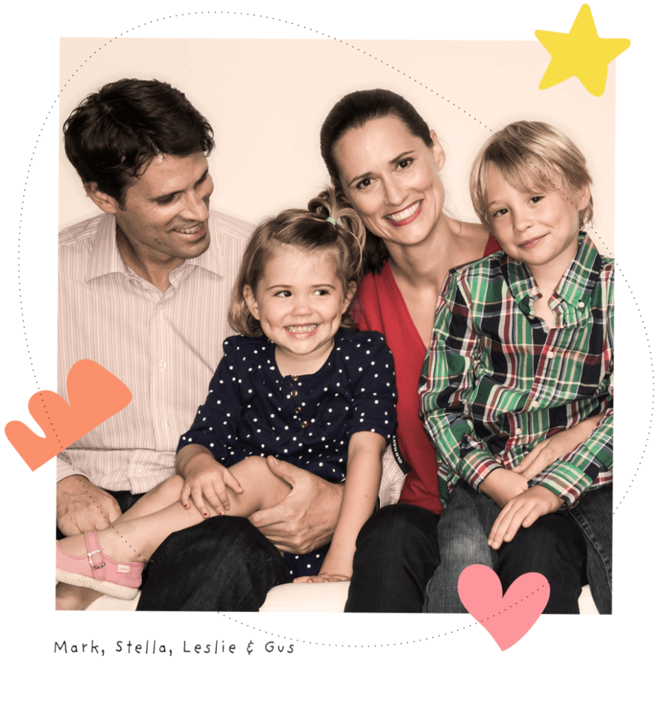 Smiling Family Portrait – A cheerful family of four sitting together, labeled with their names.