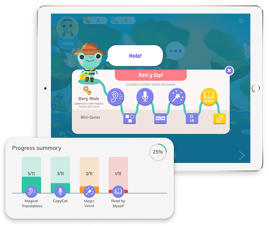 A tablet displaying a character-led language learning path with a progress summary overlay.
