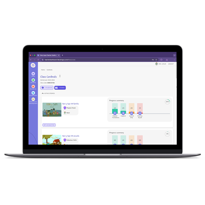 A classroom dashboard on a laptop showing students’ progress and active story modules.