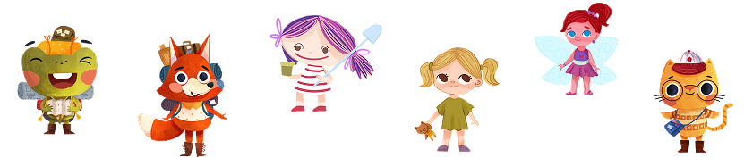 A lineup of colorful cartoon characters, including animals, fairies, and children, each with a unique costume.