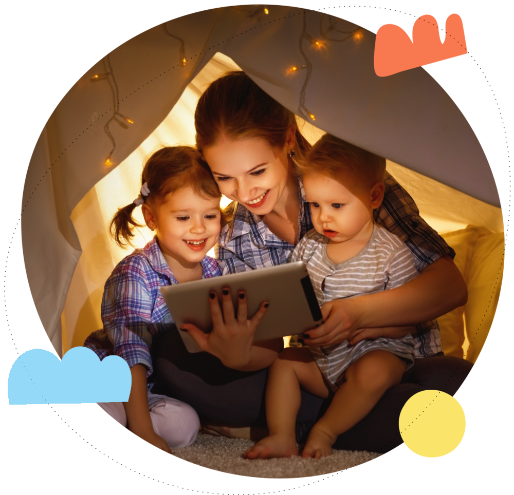 A mother with her two daughter, exploring Fabulingua App on their tablet