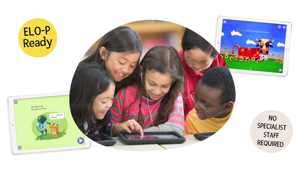 Diverse group of children at an after-school program using FabuLingua to learn Spanish and English on tablets — TK-6 ELO-P, ASES, and 21st CCLC enrichment activity